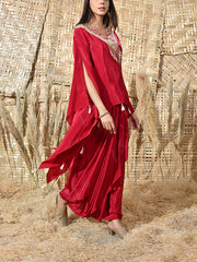 Maroon Crepe Embroidered Cape and Drape Skirt Set