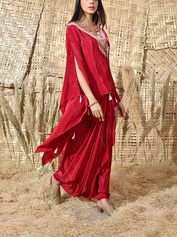 Maroon Crepe Embroidered Cape and Drape Skirt Set