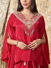 Maroon Crepe Embroidered Cape and Drape Skirt Set
