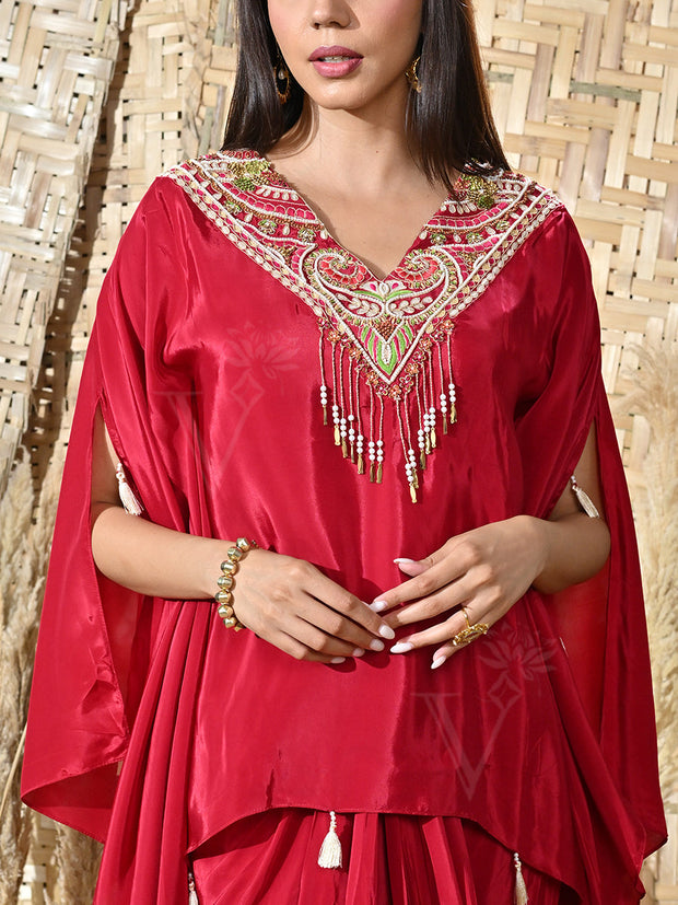 Maroon Crepe Embroidered Cape and Drape Skirt Set
