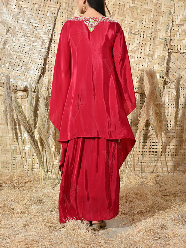 Maroon Crepe Embroidered Cape and Drape Skirt Set