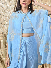 Blue Embroidered Silk Cape and Drape Skirt Set