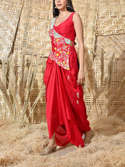 Red Embroidered Silk Jacket and Drape Skirt Set