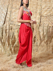 Red Embroidered Silk Jacket and Drape Skirt Set