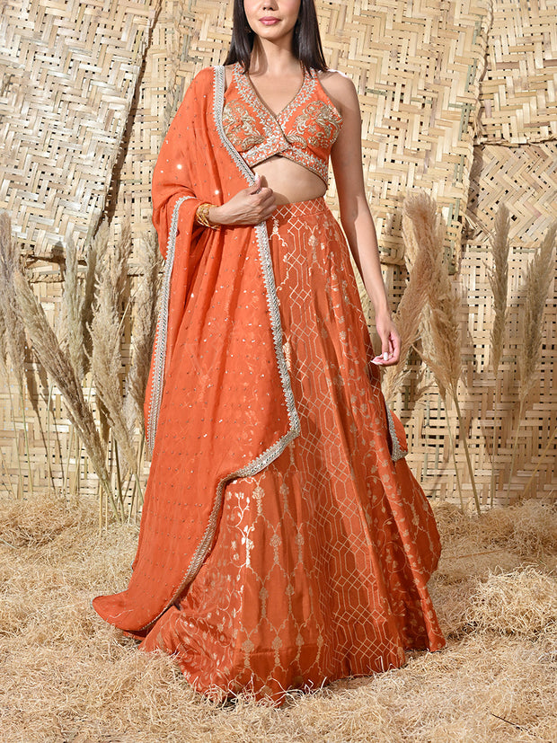 Orange Embroidered Banarasi Silk Lehenga Set