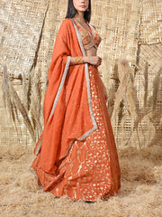 Orange Embroidered Banarasi Silk Lehenga Set