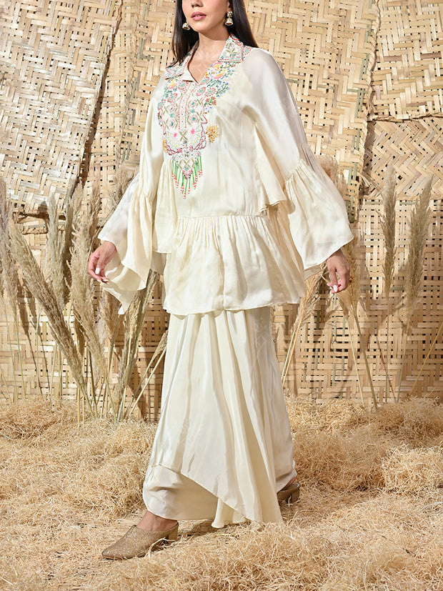 Cream Embroidered Satin Cape and Crepe Drape Skirt Set
