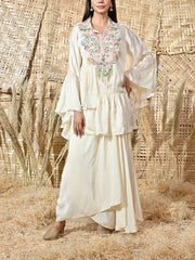Cream Embroidered Satin Cape and Crepe Drape Skirt Set