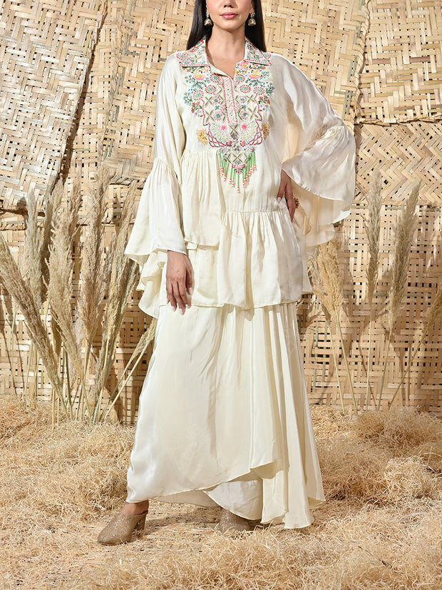 Cream Embroidered Satin Cape and Crepe Drape Skirt Set