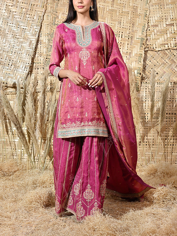 Burgandy Banarasi Embroidered Kurta and Garara Set