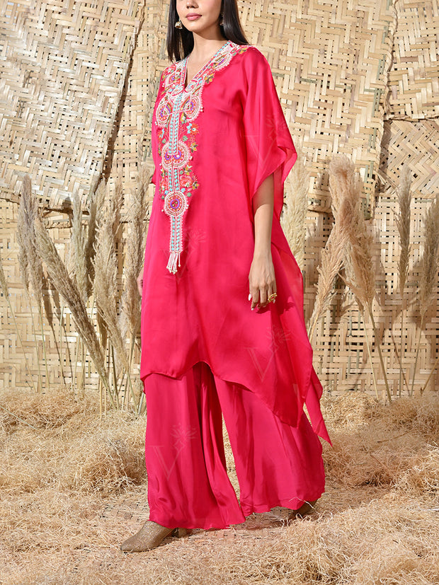 Pink Embroidered Satin Kaftan and Palazzo Set