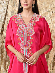 Pink Embroidered Satin Kaftan and Palazzo Set