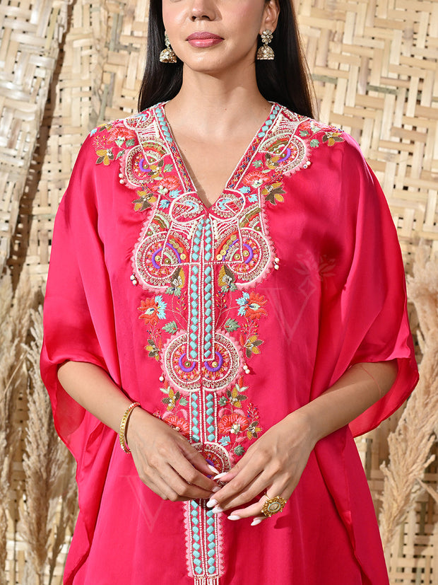 Pink Embroidered Satin Kaftan and Palazzo Set
