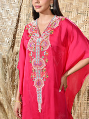 Pink Embroidered Satin Kaftan and Palazzo Set
