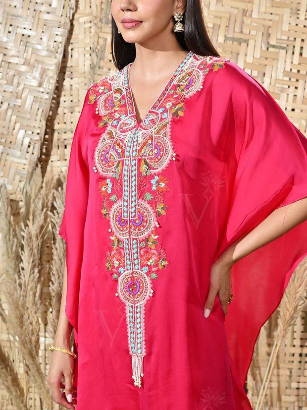 Pink Embroidered Satin Kaftan and Palazzo Set