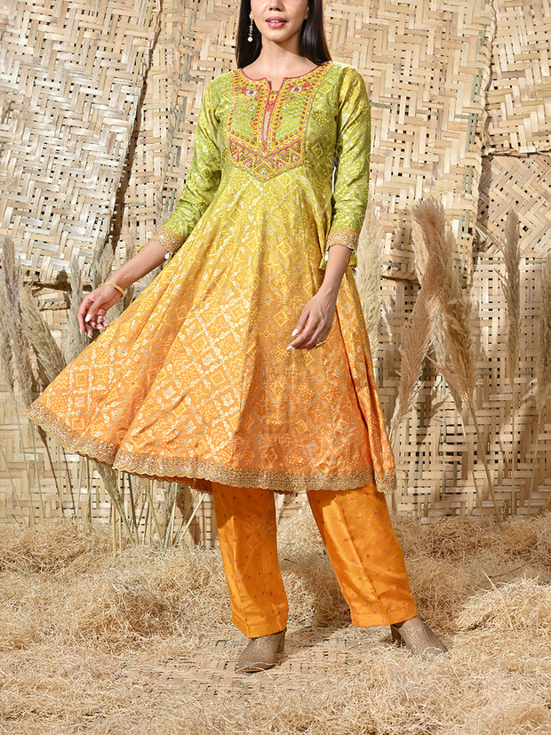 Green and Yellow Ombre Banarasi Embroidered Suit Set