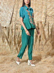 Turquoise Embroidered Crepe Co Ord Set