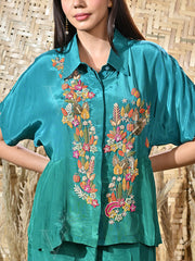 Turquoise Embroidered Crepe Co Ord Set