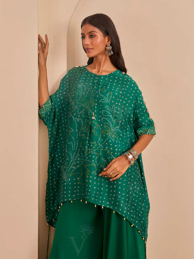 Green Bandhani Printed Top and Sharara Set