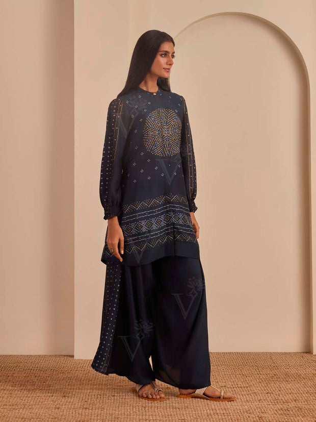 Navy Blue Printed Top and Cowl Pant Set