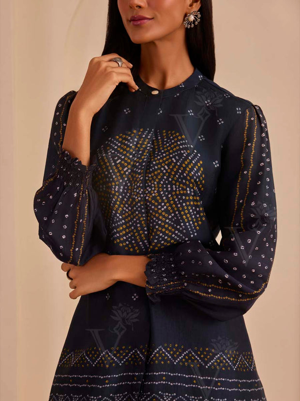 Navy Blue Printed Top and Cowl Pant Set