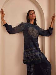 Navy Blue Printed Top and Cowl Pant Set