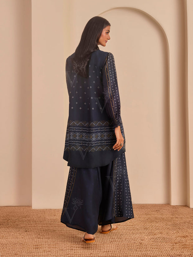 Navy Blue Printed Top and Cowl Pant Set