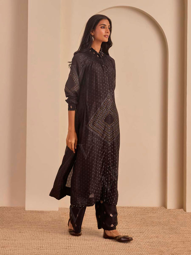 Black Bandahni Printed Long Kurta and Pant Set