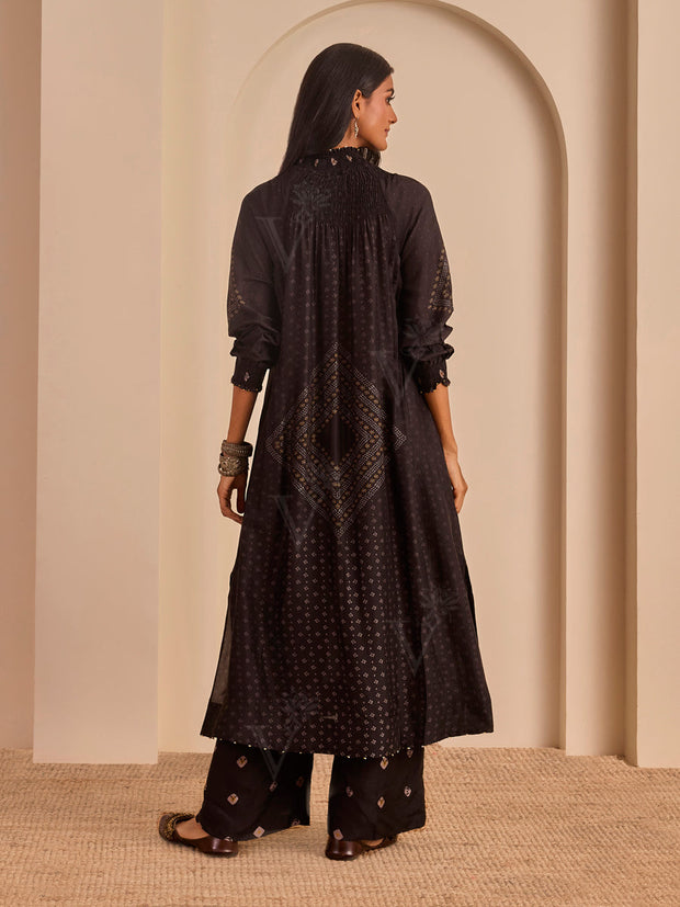Black Bandahni Printed Long Kurta and Pant Set