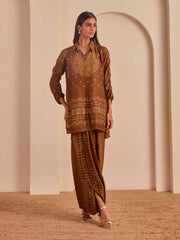 Brown Bandhani Printed Top and Cowl Pant Set
