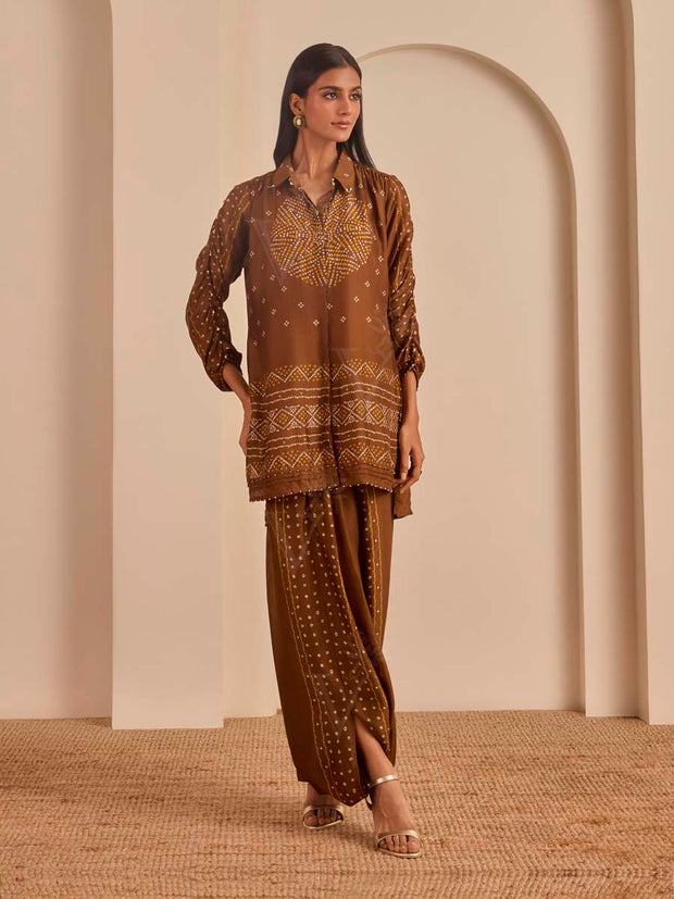 Brown Bandhani Printed Top and Cowl Pant Set