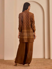 Brown Bandhani Printed Top and Cowl Pant Set
