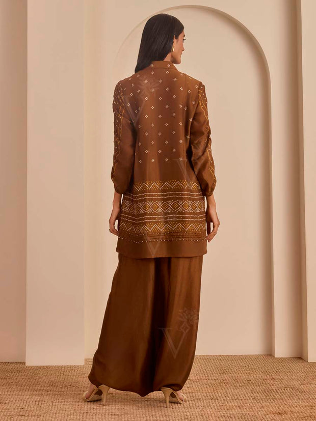 Brown Bandhani Printed Top and Cowl Pant Set