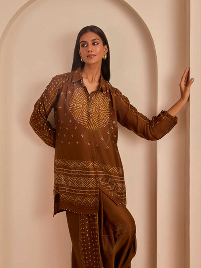 Brown Bandhani Printed Top and Cowl Pant Set