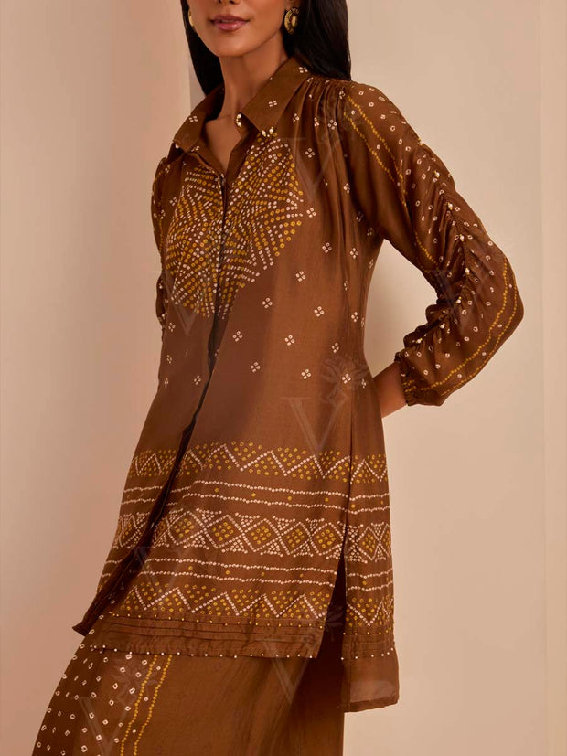 Brown Bandhani Printed Top and Cowl Pant Set