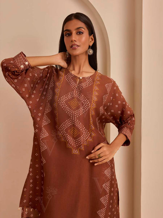 Brown Bandhani Printed Kurta and Pant Set