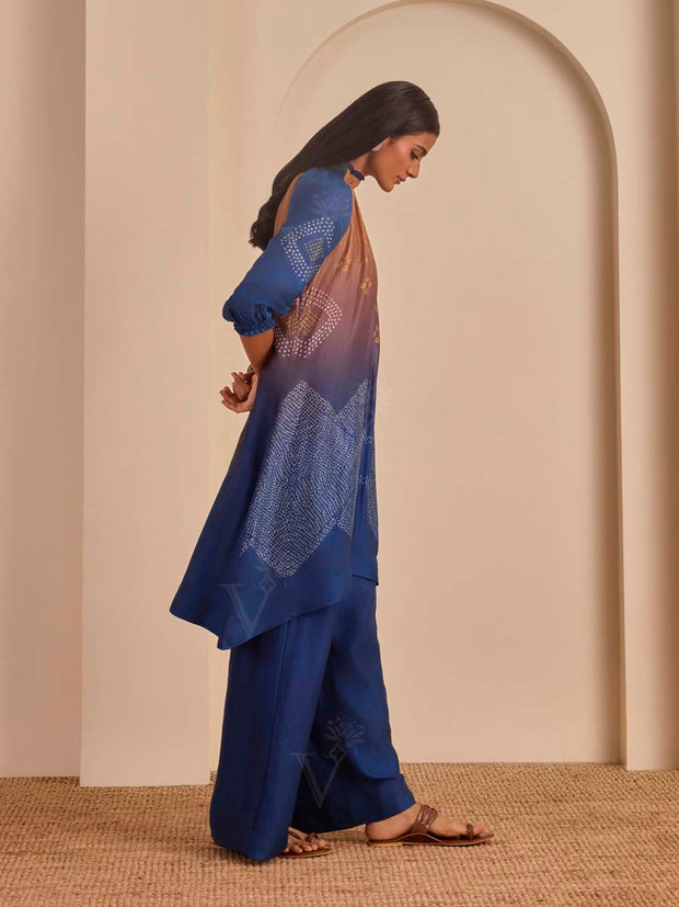 Blue and Ochre Bandhani Printed Kurta and Pant Set