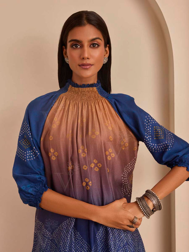 Blue and Ochre Bandhani Printed Kurta and Pant Set