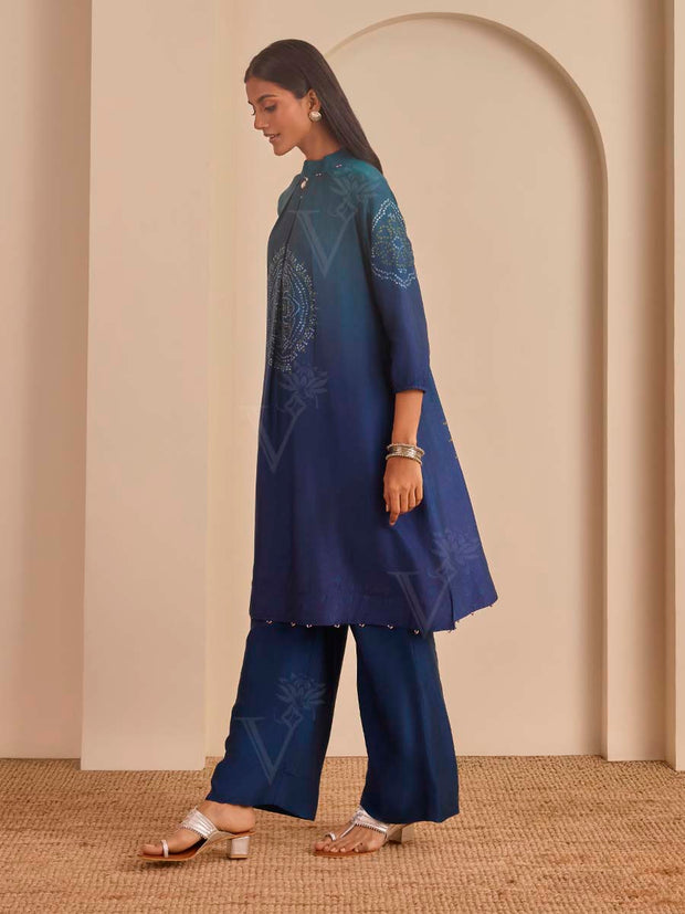 Blue Ombre Bandhani Printed Kurta and Pant Set