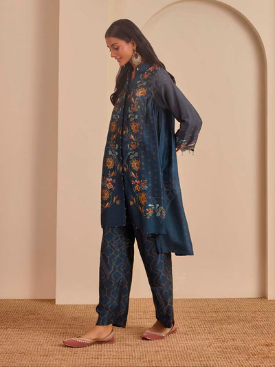 Metallic Blue Printed Kurta and Pant Set