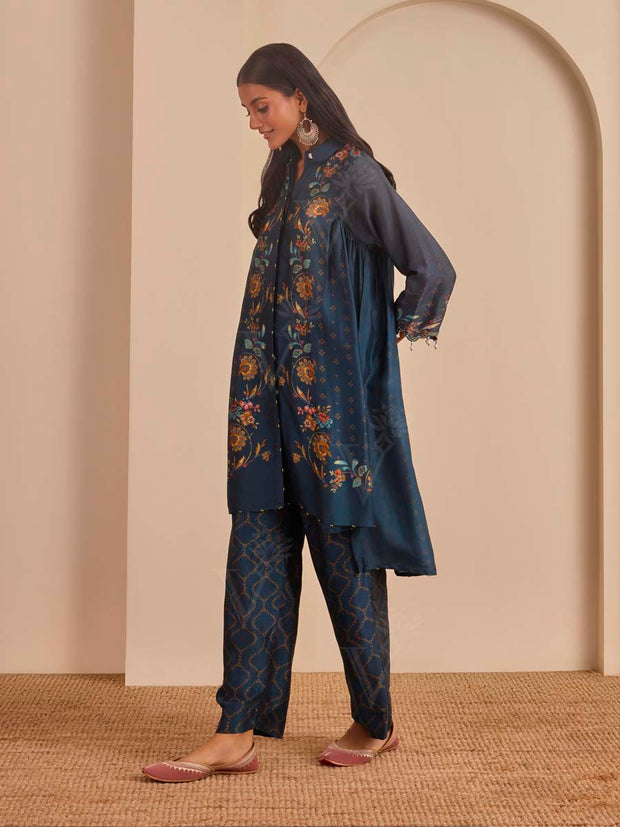 Metallic Blue Printed Kurta and Pant Set