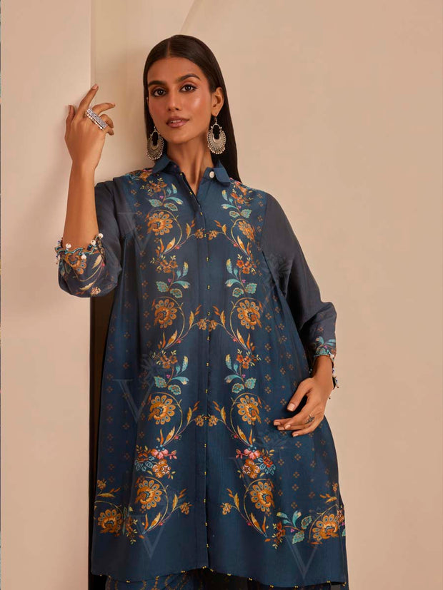 Metallic Blue Printed Kurta and Pant Set