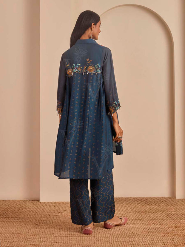 Metallic Blue Printed Kurta and Pant Set