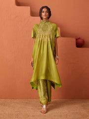 Olive Green Asymmetric Bandhani Printed Kaftan Set