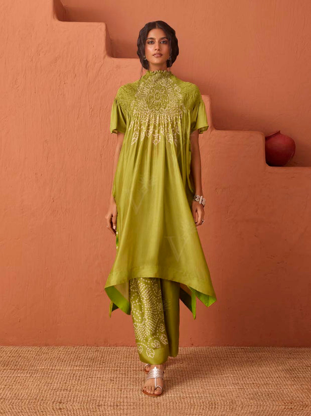 Olive Green Asymmetric Bandhani Printed Kaftan Set