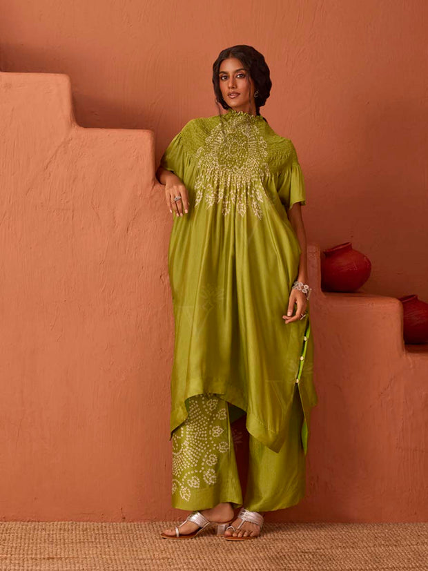 Olive Green Asymmetric Bandhani Printed Kaftan Set