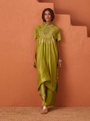Olive Green Asymmetric Bandhani Printed Kaftan Set