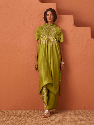 Olive Green Asymmetric Bandhani Printed Kaftan Set