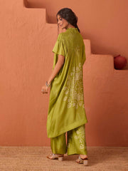 Olive Green Asymmetric Bandhani Printed Kaftan Set