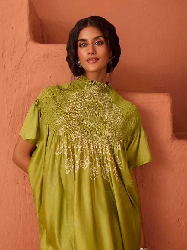 Olive Green Asymmetric Bandhani Printed Kaftan Set